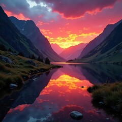 Crimson sunset flares across Buttermere valley, reflecting on still water , reflection, colours