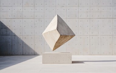 Abstract image of a levitating beige geometric shape, resembling a diamond or octahedron, on a small concrete block against a textured concrete wall. Bright sunlight casts shadows