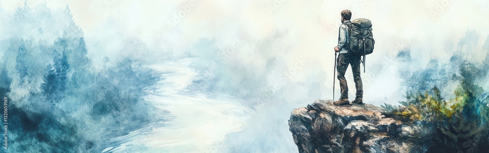 Poster portrait of a hiker standing on a cliff overlooking a misty river in a serene wilderness setting