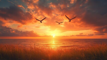 Fototapeta premium Four birds gracefully soar over a lush grass field, creating a serene, picturesque evening sky bathed in vibrant orange sunset.