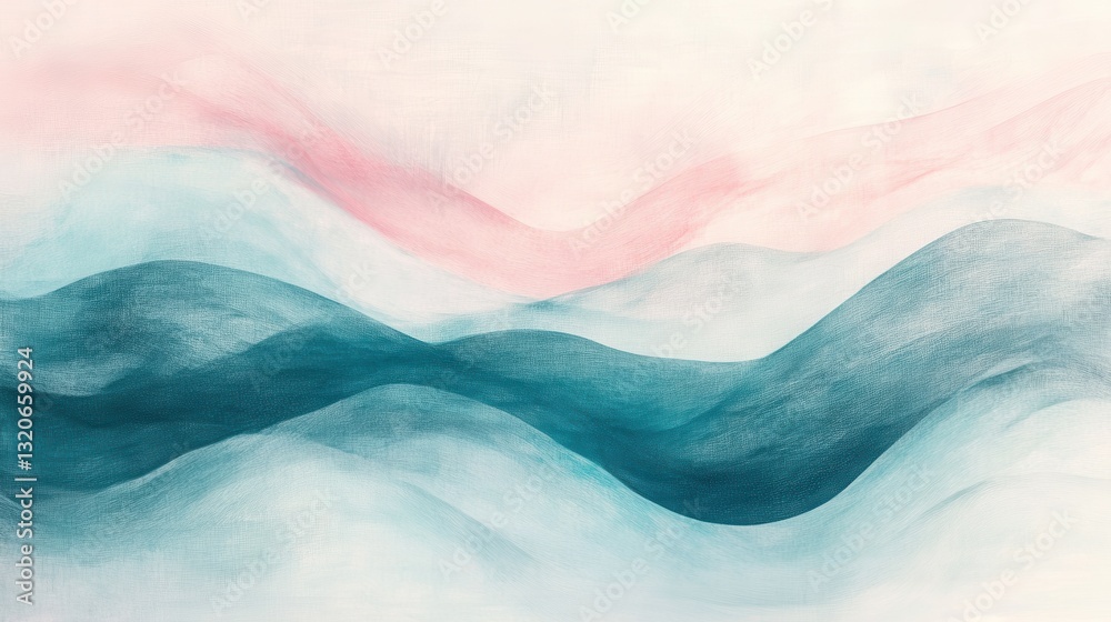 Poster soft pencil strokes create gentle waves in muted teal and pink tones evoking tranquility and calmnes