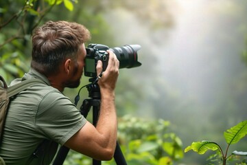 A male photographer capturing nature in a lush green forest. Photo Expedition, Lens on Location