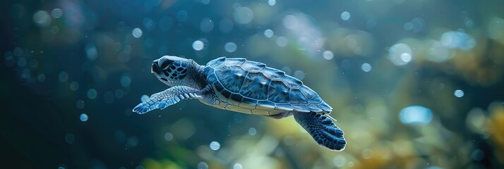 Obraz premium Close-up of a graceful sea turtle swimming underwater, surrounded by the vibrant hues of marine life in a tranquil ocean setting.