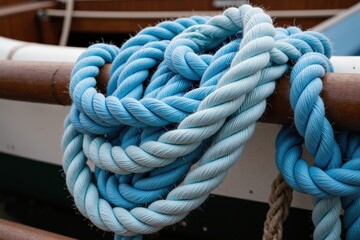 A Close-Up View of Intricately Twisted Blue and Light Blue Nautical Rope Knotted on a Boat, Showcasing Its Texture and Maritime Essence