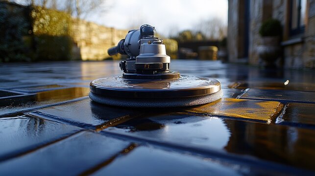 Wet-polished paving stones with a power cleaning tool