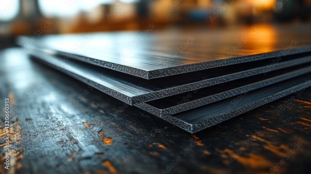 Leinwandbilder steel and aluminum sheets are stacked on a workbench in an industrial factory. the setting highlight