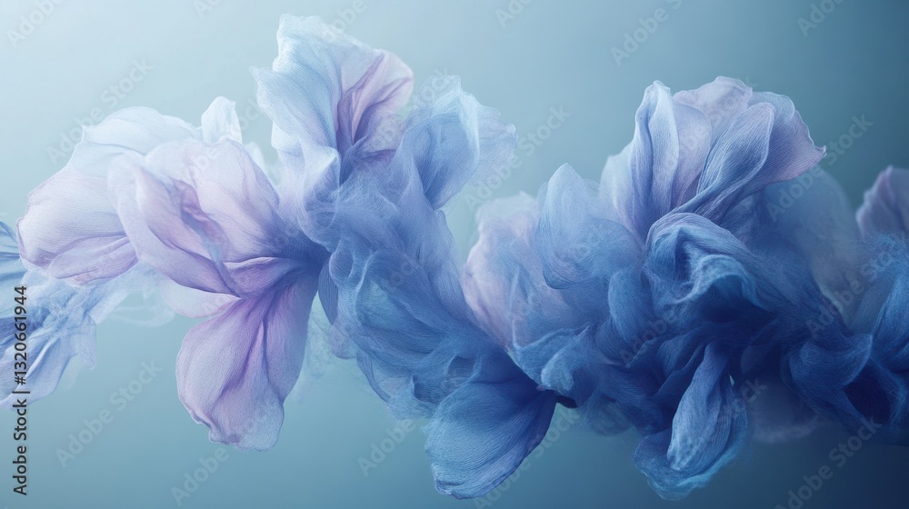 Poster negative space design featuring delicate soft fabric flowers in blue and lavender hues intertwining 