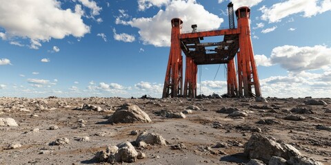 Obraz premium Ecological impact pollution recovery concept. Industrial structure on rocky terrain under a blue sky with clouds.