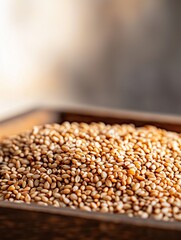 Obraz premium Close-up of a tray filled with small, round, golden-brown seeds. the tray appears to be made of wood or metal and is placed on a wooden surface.