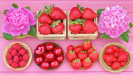 French Strawberry Delight &ndash; Rustic Farm Flatlay with Fresh Berries and Peonies on a Soft Pastel Pink Background for Culinary and Floral Designs