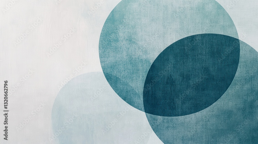 Poster Composition of minimalist pencil strokes forming overlapping circles in soft hues of blue and green