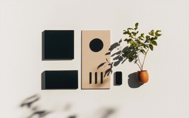 Naklejka premium Flatlay image featuring black stationery items, a small potted plant, and a terracotta pot on a light beige textured background. Shadows are cast by the objects and plant