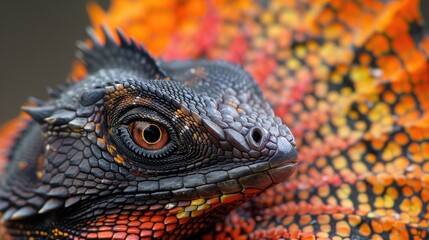 Fototapeta premium Close-up of a vibrant lizard with vivid orange and black scales, showcasing intricate patterns and captivating eye details.