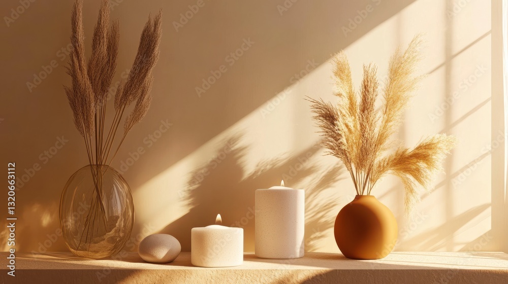 Poster minimalist composition featuring candles and dried grass in soft light against a monochromatic backd
