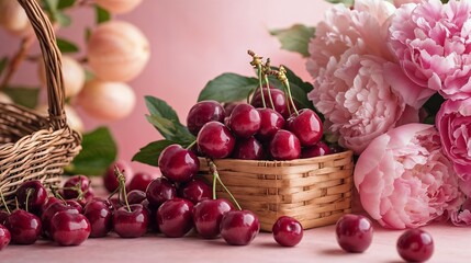  French Summer Elegance – Fresh Cherries and Peonies in a Rustic Farm Flatlay for Culinary and Floral Aesthetics