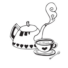 Doodle ink vector teapot with steam and a cup with a spoon
