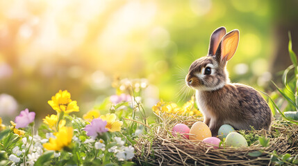 Obraz premium A cute bunny hopping in the sunshine next to a vibrant Easter nest, surrounded by spring flowers.A cute bunny hopping in the sunshine next to a vibrant Easter nest, surrounded by spring flowers.