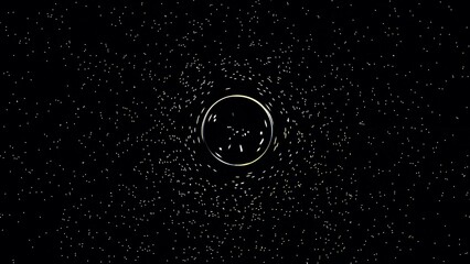 Stunning Cosmic Scene Featuring a Dark Black Hole Surrounded by a Brilliant Blue Accretion Disk and a Distant Planet Against a Starry Background