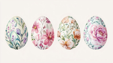 Fototapeta premium Soft and dreamy watercolor Easter eggs adorned with delicate floral patterns in gentle pastel tones, evoking a serene and whimsical springtime charm. 