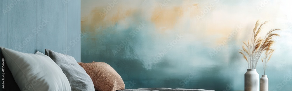 Poster muted teal and brown colors create a calming atmosphere in a cozy bedroom setting
