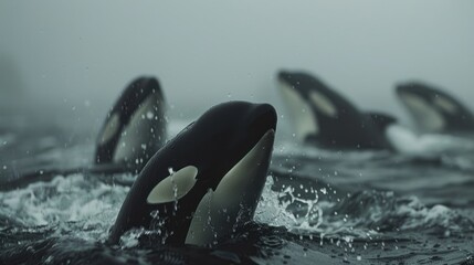 Close-up of orcas surfacing in foggy waters, showcasing their majestic presence and natural beauty in the wild ocean environment.