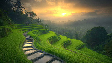 Lush rice terraces Bali sunrise misty morning landscape tropical nature scenic green fields rolling hills peaceful farming serene beauty exotic travel destination natural paradise photography vision