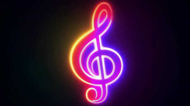 Neon colorful treble clef with lighting waves, musical and design elements , concept of entertainment, design