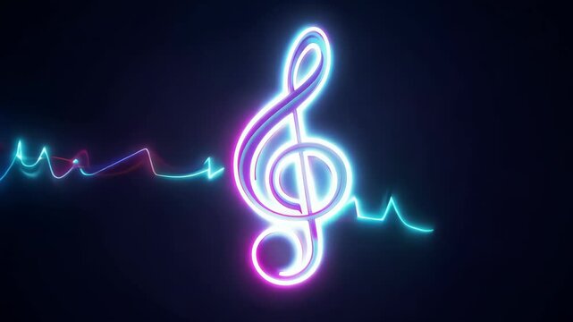 Neon colorful treble clef with lighting waves, musical and design elements , concept of entertainment, design