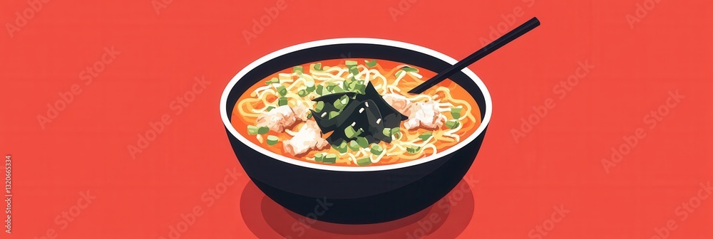 Poster bowl of steaming ramen topped with pork and green onions served with chopsticks in a vibrant setting