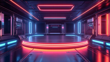 A futuristic room with neon lights and platform stage design