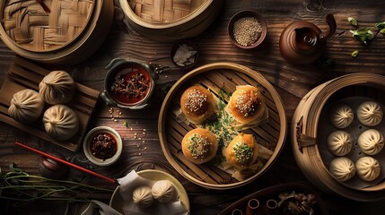 A close-up view of delicious baozi is shown. The baozi, with their soft and fluffy dough skins, come in various fillings, such as savory minced meat, flavorful vegetables, or a combination of both. 