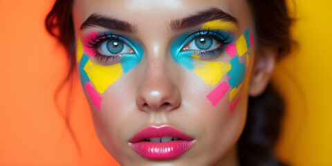 Close-up of a woman's face, vibrant makeup, blue eyes, pink lips, strong color contrast background.
