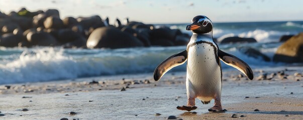 An adorable penguin walking on the beach near ocean waves