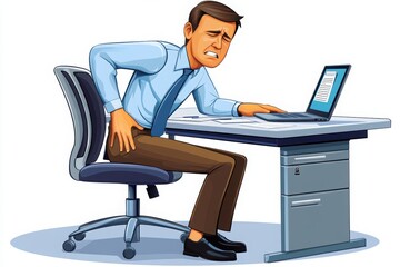 A frustrated man experiences discomfort while working at a desk, indicating issues related to posture or prolonged sitting.