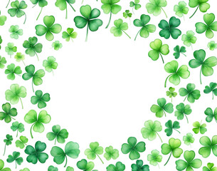 Fototapeta premium st patricks day background, blank frame of green watercolor four leaf clovers isolated on white background with copy space for text
