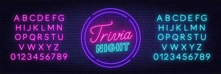 Fototapeta premium Trivia Night neon sign on dark background. Text Game Light announcement logo.