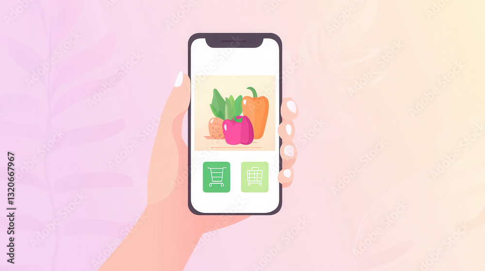 Aufkleber Modern hand holding smartphone displaying grocery shopping app with fresh produce and smooth design elements in a vibrant setting
