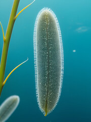 Microscopic view of Paramecium caudatum's asymmetrical body, cilia, and macronucleus, with distinctive caudal tail, amidst blurred aquatic background.
