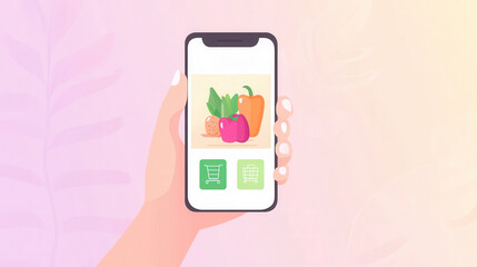Modern hand holding smartphone displaying grocery shopping app with fresh produce and smooth design elements in a vibrant setting
