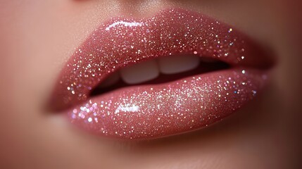 Full, plump lips, accentuated by glistening pink lip gloss and subtle glitter, reveal effective lip augmentation enhancing natural beauty.