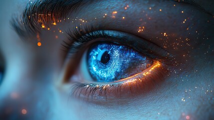 Fototapeta premium Futuristic bionic eye, complex HUD display close up vision tech advancements, cybernetics, ocular implants suggested.