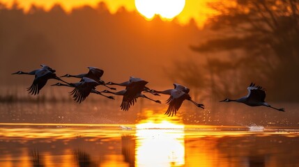 Flock of cranes flying over a reflective lake during a vibrant sunset, creating a serene and picturesque moment in nature.