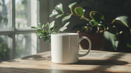 Morning sunlight illuminating a white coffee mug on a wooden table with greenery in the background