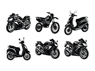 Obraz premium Set of various motorcycles and scooters silhouette isolated on white background
