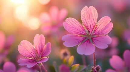 Fototapeta premium Gentle sunlight illuminates a delicate meadow, creating a warm, inviting scene with soft bokeh and natural beauty.