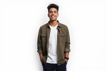 Fototapeta premium Half-Length (Waist-Up) portrait of young stylish smiling Honduran male model in hipster wear isolated on pure white background looking at camera