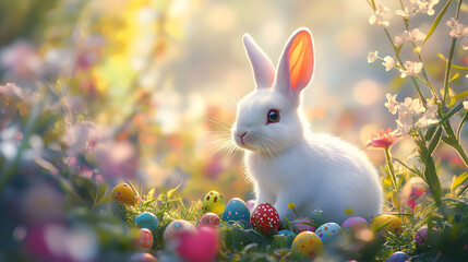 A cute white bunny sitting in a garden of spring blooms, with colorful Easter eggs hidden amongst the petals and soft sunlight illuminating the scene.A cute white bunny sitting in a garden of spring b