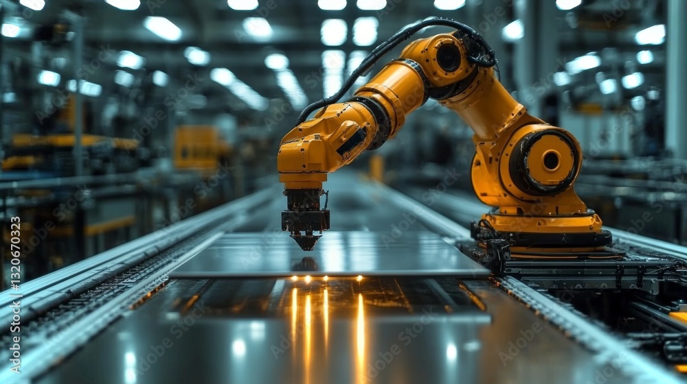 Leinwandbilder a robotic arm executes precise welding on aluminum sheets in a high-tech manufacturing facility. the