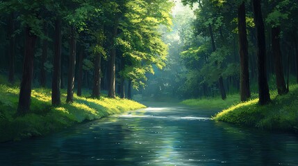 River Flowing Through Lush Green Forest Landscape with Sunlight