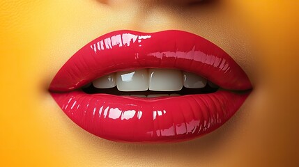 Obraz premium Glossy pink lips, tongue and teeth showing, against a yellow radial zoom background, represent lip augmentation, cosmetology, dentistry, and pop art.